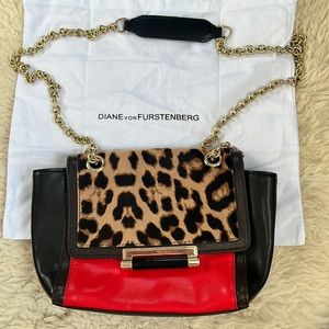 Diane Von Furstenberg mini leather and leopard-print calf hair purse